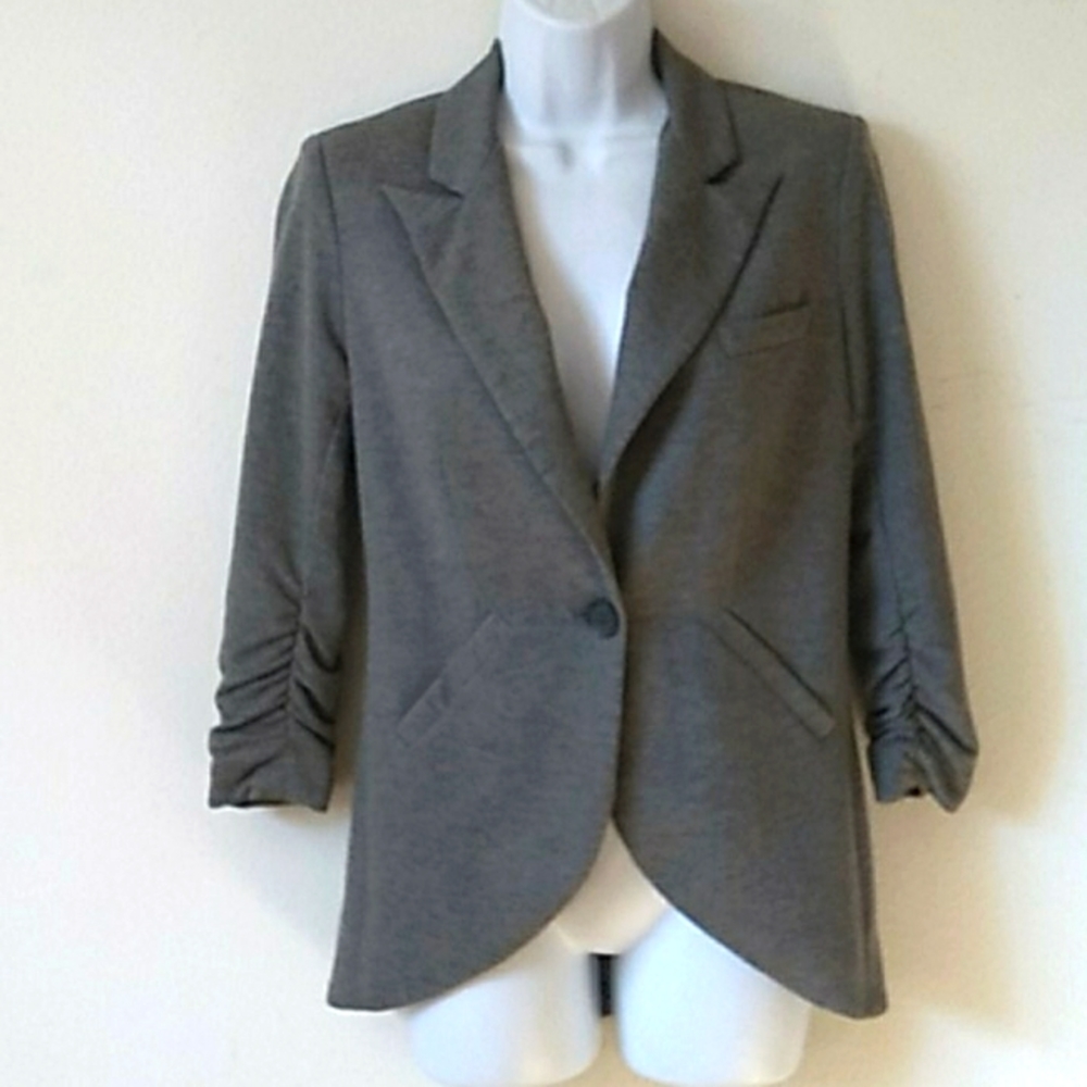 EUC gibson heather gray stretch 1 button ruched sleeve blazer jacket XS